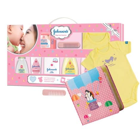 Johnson’s Baby Care Collection Gift Set with Organic Cotton Dress and Milestone Book (10 Pieces) Pink.