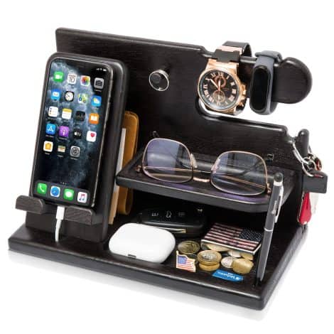 TESLYAR Wooden Phone Docking Station for Men, a versatile accessory for organizing your essentials in style.