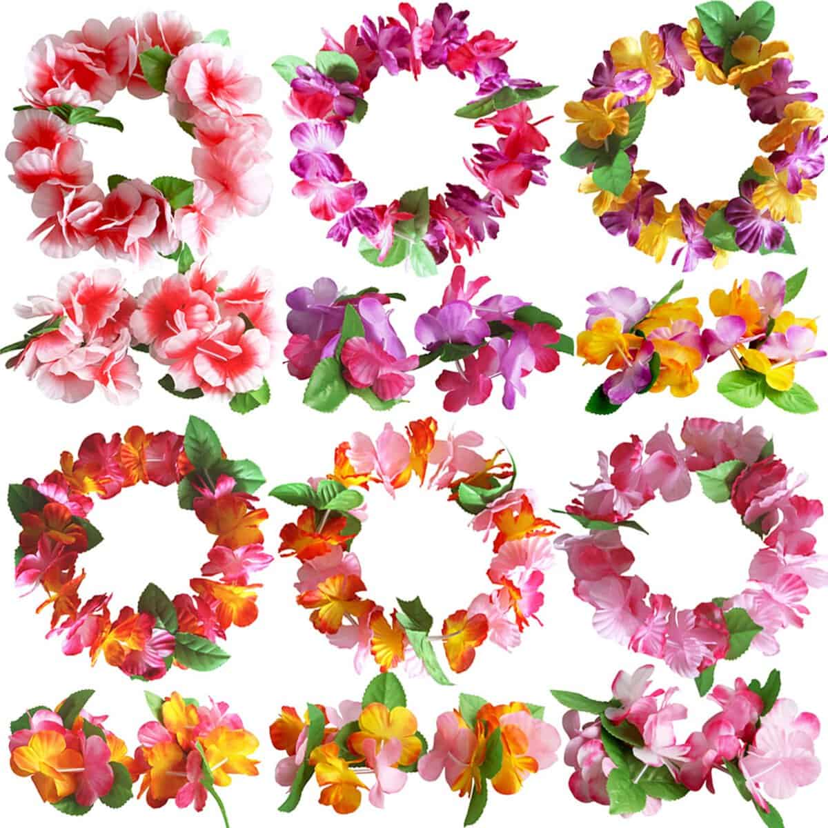 18 Pcs Hawaiian Flower Headband Wristbands Luau Tropical Crown Wreath Headpiece Leaf Bracelets Women Hawaii Hair Hoops Floral Hair Bands Summer Beach Vacation Pool Party Decorations Favors Supplies