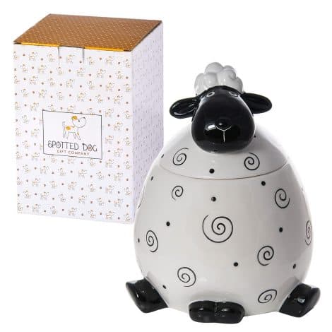 Sheep-shaped cookie jar with lid, perfect for storing food, adding sheep-themed charm to kitchen, ideal gift.