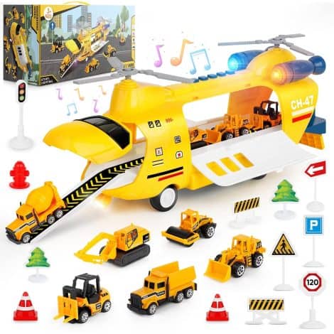 BAZOVE Transport Cargo Toy Airplane Set with Friction-Operated Helicopter, Sounds, Lights, 6 Mini Construction Vehicles, and 12 Traffic Signs for Indian boys aged 3-6.