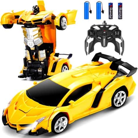 Dolanus Remote Control Car is a yellow Rc car that transforms into a robot, perfect as a gift for kids.