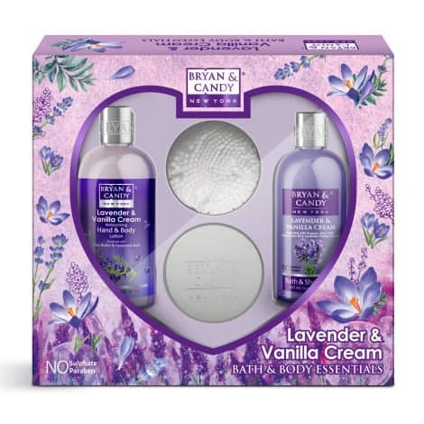 Bryan & Candy Lavender And Vanilla Cream Christmas Gift Set For Women and Men Combo Heart Kit (Pack of 3) with Shower gel, Hand & body Lotion, Body Polish, and Loofah.