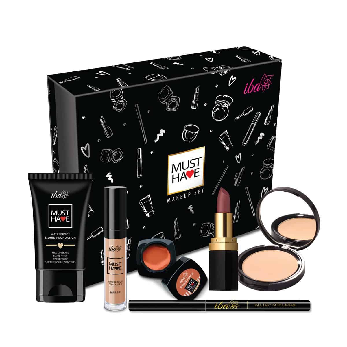 Iba Must Have Makeup Set (Fair) Waterproof Foundation, Concealer, Matte Compact, Lip & Cheek Tint, Matte Lipstick, Smudge Proof Kajal