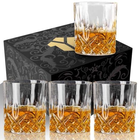 OPAYLY’s Whiskey Glasses Set includes 4 elegant tumblers, perfect for enjoying your favorite spirits at home bar.