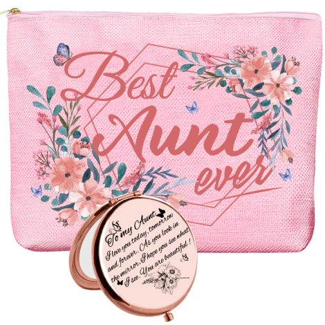Gifts for your beloved aunt – a makeup bag, compact mirror, and cosmetic bag, perfect for her birthday.