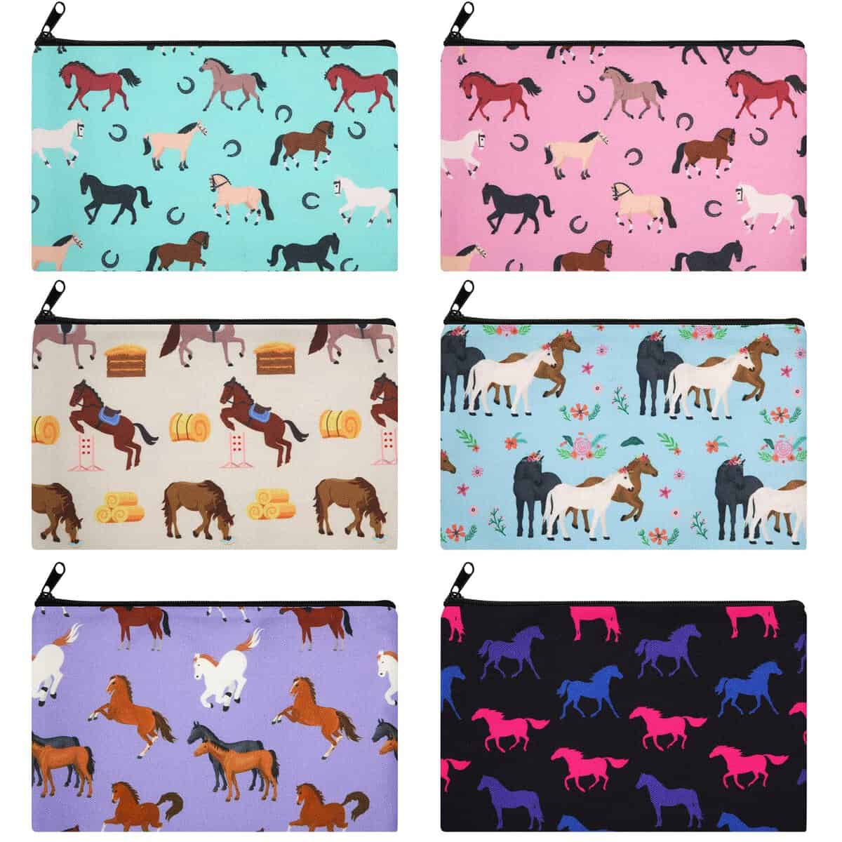 6 Pieces Sloth Makeup Bags Horses Cosmetic Bag for Women Girls Horses Gifts Sloth Gift Handbag Double-sided Printed Travel Toiletry Organizer Canvas Small Pencil Case with Zipper, 9 x 6 Inch, Multicolor, Horses