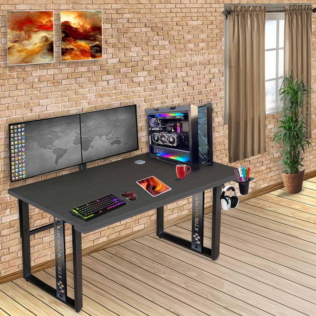 Xtreme PRO M1-Gaming, Work & Study Desk. Large for PC, Dual Monitors, iMac, and Laptops. Carbon Steel & Engineered Wood. Black Stand Desk. 4 Feet-XPM1B4_ Smoked-Pine