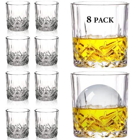 Gift for Men: Set of 8 Clear Bar Glasses for Drinking Whiskey, Vodka, Tequila, Rum, and more.