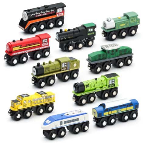 “SainSmart Jr. Wooden Train Set Accessories, Magnetic Toy Car Set (10 PCS), Works with popular brands. Ideal gift for kids aged 3+.”