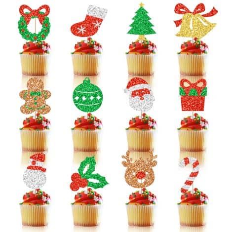 Get ready for Christmas with 24 festive cupcake toppers in glitter gold, green, and red! Perfect for holiday parties.