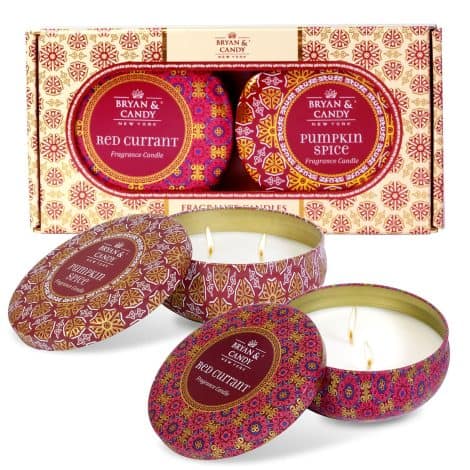 Bryan & Candy offer a festive gift set of scented candles for Christmas, suitable for both genders. Made with soy wax, these eco-friendly candles come in a printed tin. Enjoy the delightful aroma of Pumpkin Spice and Red Currant with this pack of two candles.