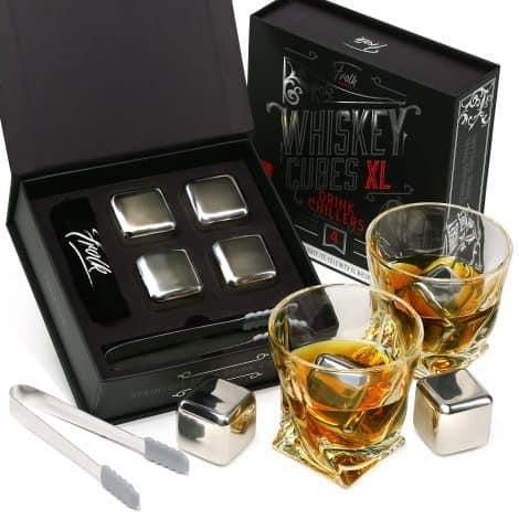 Luxury Whiskey Stone Gift Box: Includes XL Stainless Steel Ice Cubes, Slate Coasters, Tongs, and Freezer Pouch. Perfect for Whiskey enthusiasts!