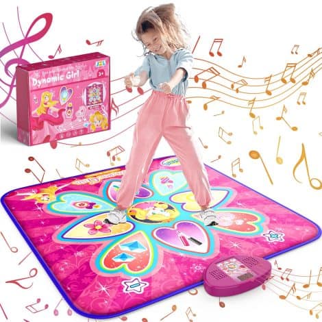 Princess-themed music dance mat for girls aged 3-12, with 7 game modes, adjustable volume, and LED lights. Perfect birthday gift!