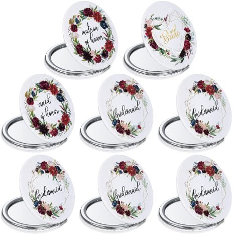 “Burgundy Flowers Makeup Mirrors: A perfect gift for bridesmaids, bridal showers, and weddings. Get yours now!”