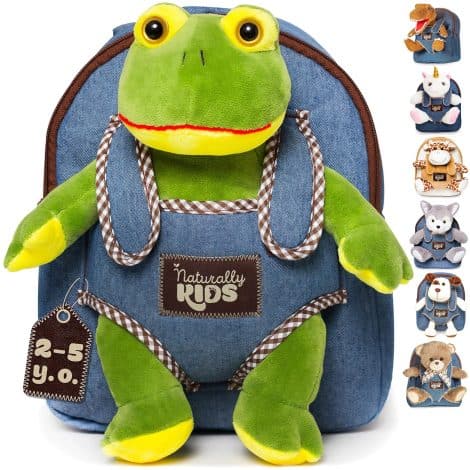 Cute Denim Backpack with Frog Plush Toy, perfect for kids ages 3-10, with adjustable straps. Ideal gift!