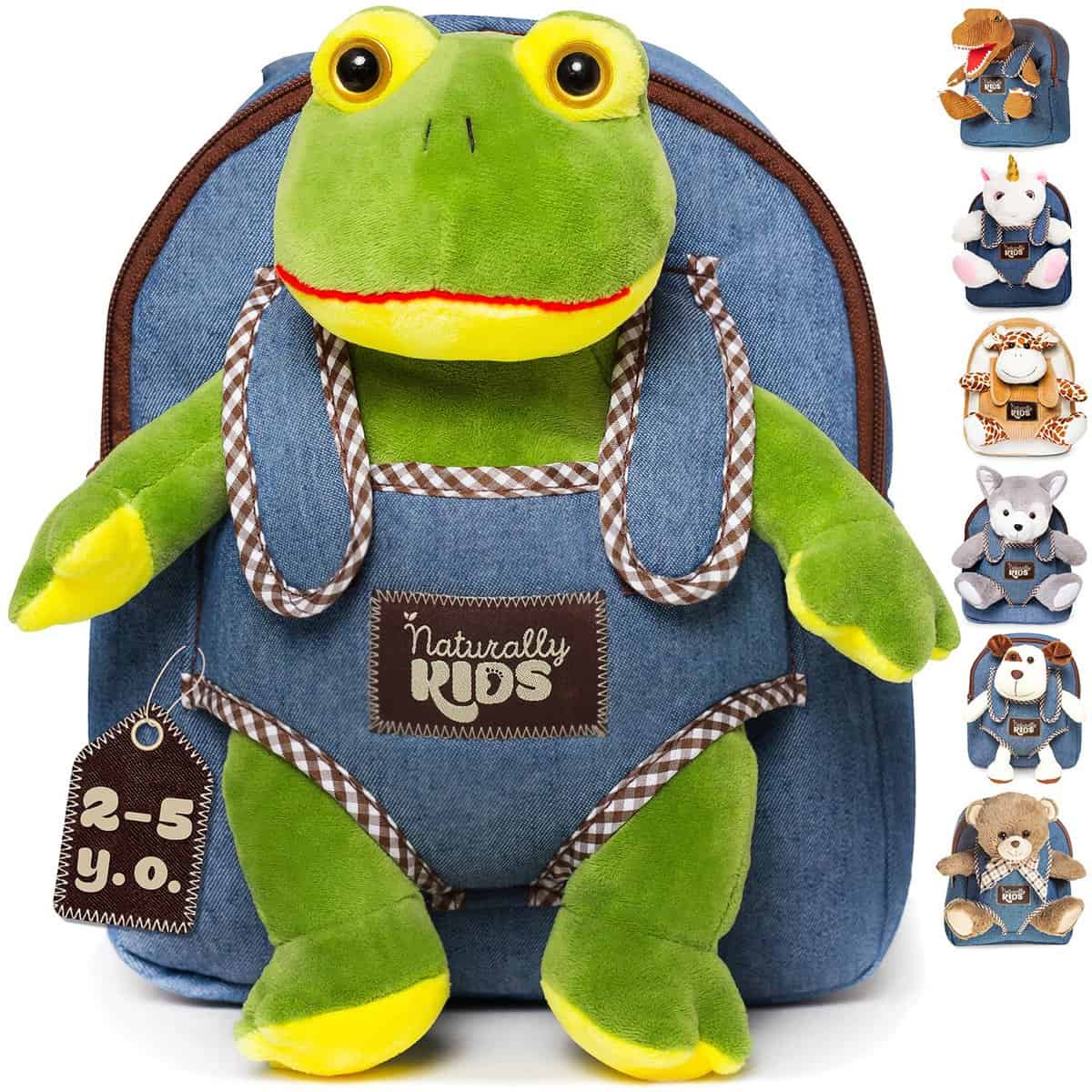 Denim Backpack with Frog for Boys & Girls - Small Backpacks with Plush Toy for Girl & Boy w. Huggable Soft Plush Frog - Lovely Gift for Toddler 3 4 5-10 Year Old Child Adjustable Straps Fit Any Age