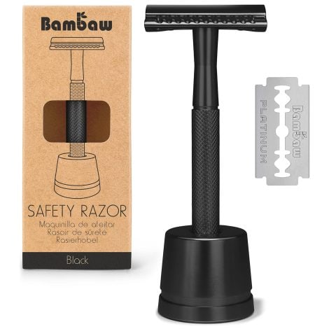 Black Safety Razor for Men with Stand | Metal DE Razor | Fits all Blades | Eco-friendly Shaving Solution | Bambaw