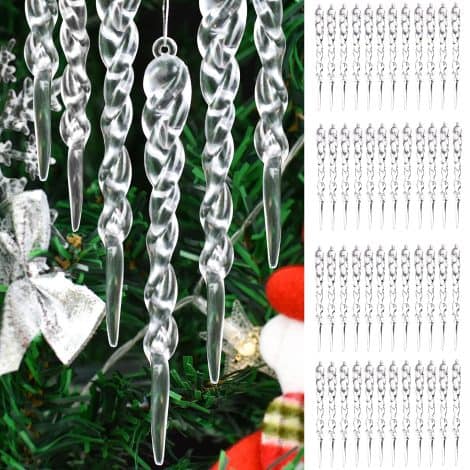 “Set of 48 beautiful 5-inch acrylic crystal icicles, perfect for decorating your Xmas tree and party.”