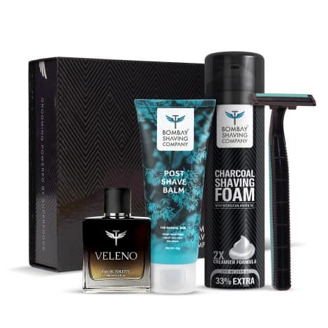 Bombay Shaving Company’s Grooming Kit is the perfect gift for men, featuring a post-shave balm, charcoal shaving foam, and Veleno perfume.