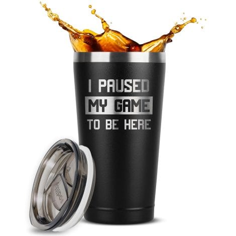 “Gifts for Indian Teen Gamers: 16 oz Black Stainless Steel Tumbler with Lid – Perfect Present!”