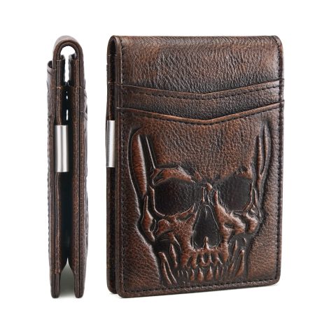 Stylish Indian Men’s Leather Wallet with Skull Design, Money Clip, RFID Blocking – Ideal Retro Gift.