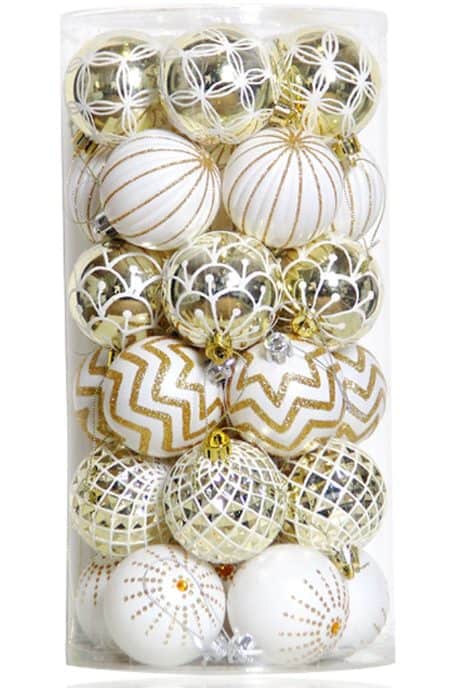 30 pieces of Christmas ball ornaments, 60mm size, in gold and white colors, perfect for decorating Christmas trees.