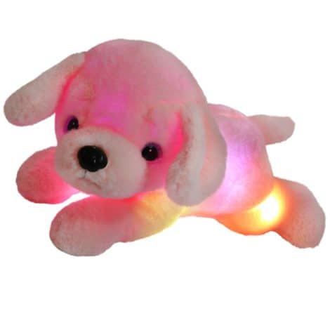 Pink Glow Bedtime Pal- a 15″ LED light-up plush puppy pillow for toddlers, a perfect gift.