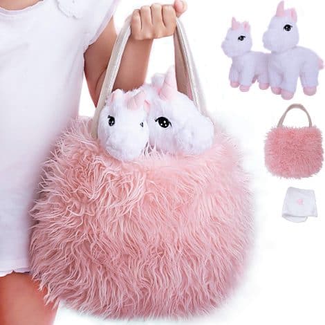 Ideal Unicorn Playset for Girls 3-10. Includes 4 adorable stuffed unicorns, a bag, and a doll blanket. Perfect birthday and Diwali present for 3-8-year-olds.