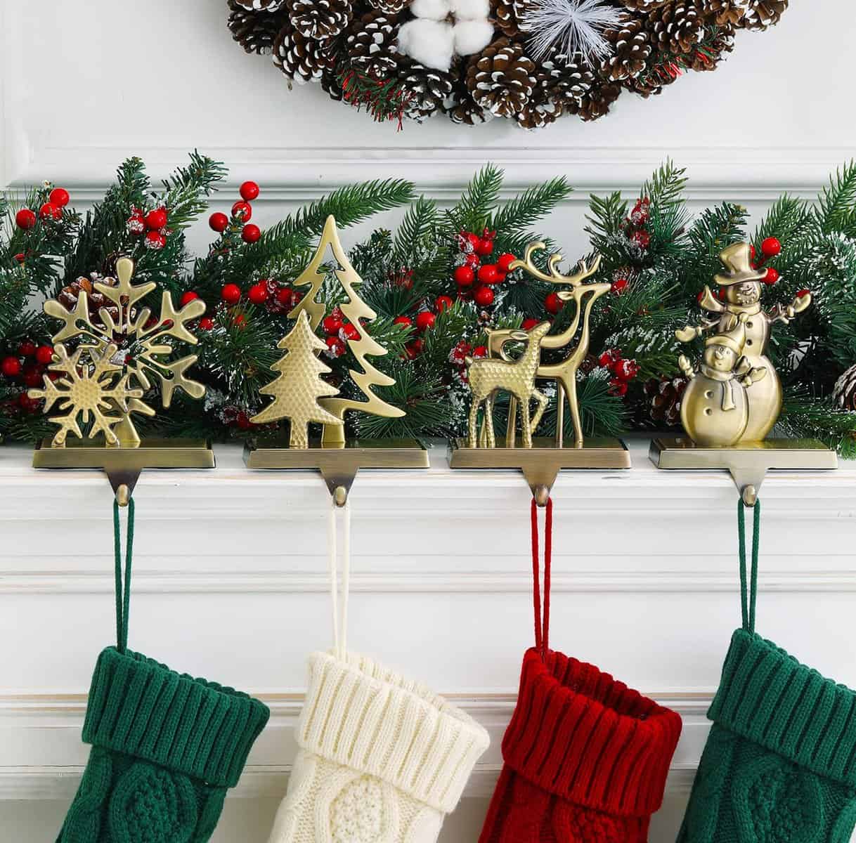 Christmas Stocking Holder - Set of 4 Bronze Stocking Hangers Snowman Santa Snowflakes christmas tree deer Christmas Stocking Hooks Christmas Decoration for Fireplace, Shelf,Staircases (Hooks-2)