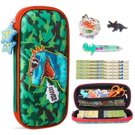 Trendy Unicorn Pencil Case & Stationery Set with Cute Dinosaur Cartoon and Unicorn Stickers, Ideal for Kids.