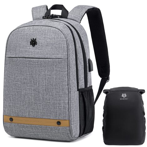 Light Grey Golden Wolf Backpack with Rain Cover, Lock, and USB Port for Business Travel, College, Men, Women – Water Resistant. Ideal Gift.