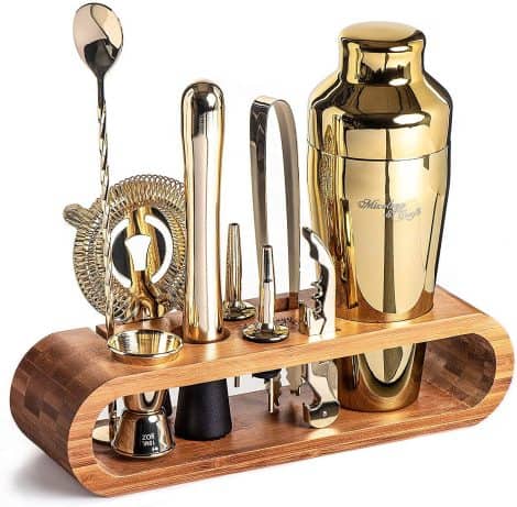 Gold Bar Set Cocktail Shaker with Bamboo Stand: Ideal Barware Kit for Effortless Drink Mixing at Home.