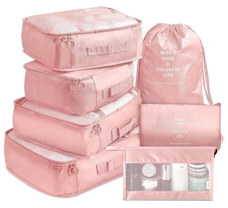 House of Quirk 7pcs Travel Organizer Set: Lightweight packing cubes with laundry or toiletry bag. (Pink fabric)