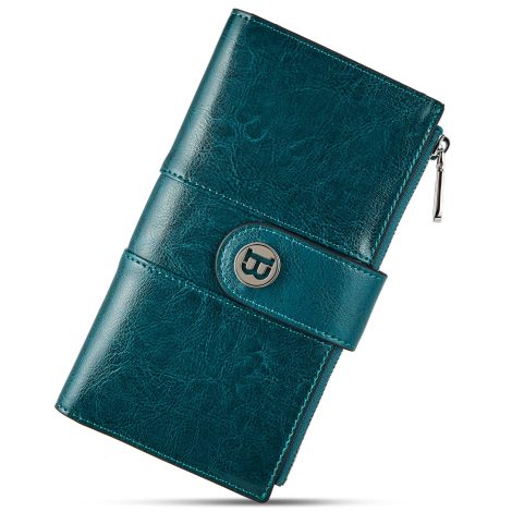 BOSTANTEN Women’s Leather Wallet with RFID Blocking, Spacious Trifold Card Holder, Phone Clutch – Peacock Blue