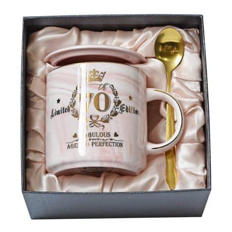 A special pink marble mug perfect for coffee lovers; an exceptional 70th birthday gift for Indian women.