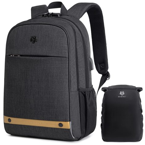 Dark Grey Golden Wolf Backpack specifically designed for Indian men, with anti-theft feature, laptop compartment, and USB port.