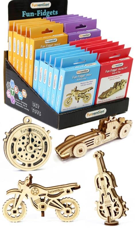 Funvention – The perfect gift for curious Indian kids who love STEM learning. Contains 24 fun fidgets and 6 DIY miniature mechanical models.