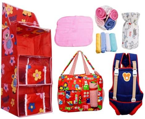 Stylish Store™ – Baby Gift Set for 0-12 Month Babies (Bag, Wardrobe, Napkins) – Perfect Baby Shower Gift (Assorted Colors and Designs) (10 Piece Set – Premium), Multicolor.