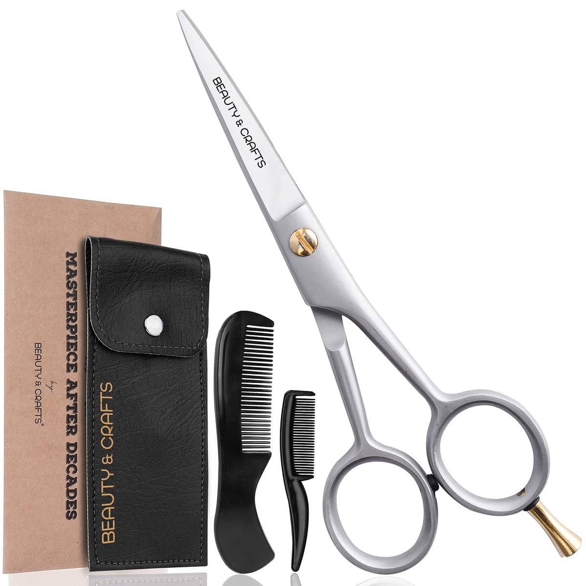 Beauty & Crafts- 5’’ German Beard Mustache Scissor with 2 comb and Carrying pouch-Premium Hair Trimming Kit for Men's Facial Hair -Perfect Shears for Personal Grooming, Cutting & Styling (Silver)