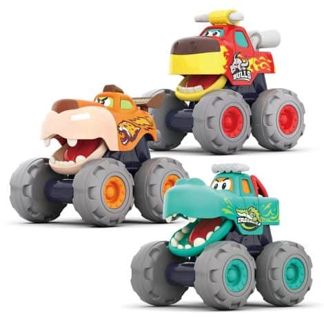 Clark Monster Trucks Gift Set with 3 trucks that can be pulled back or driven freely, featuring funny animal theme. Suitable for babies and toddlers 12 months and above.