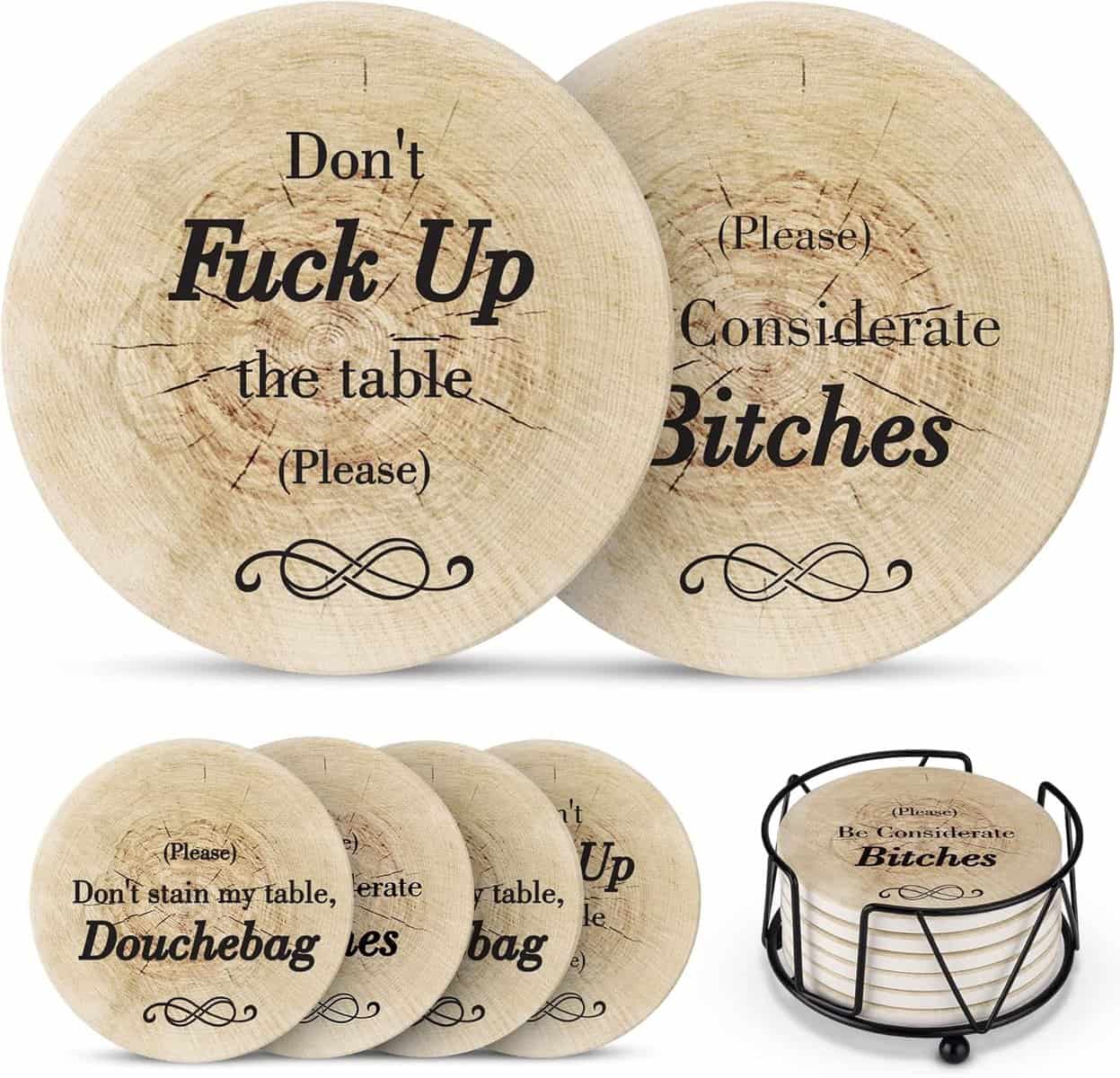 Funny Coasters for Drinks with Holder - Absorbent Drink Coasters Set 6 Pcs - 3 Sayings - Housewarming Gift for Friends - Men, Women Birthday - Cool Home Decor - Living Room, Kitchen, Bar - Brown