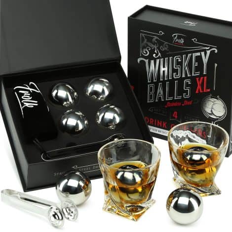 FROLK Whiskey Stones Gift Set, 2 XL Stainless Steel Ice Balls, Slate Coasters & Special Tongs, in Luxury Box. Perfect Whiskey Lover’s Gift!