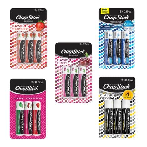 Chapstick’s Classic Lip Balm Collection offers 15 soothing sticks in Original, Cherry, Strawberry, and Lip Moisturizer.