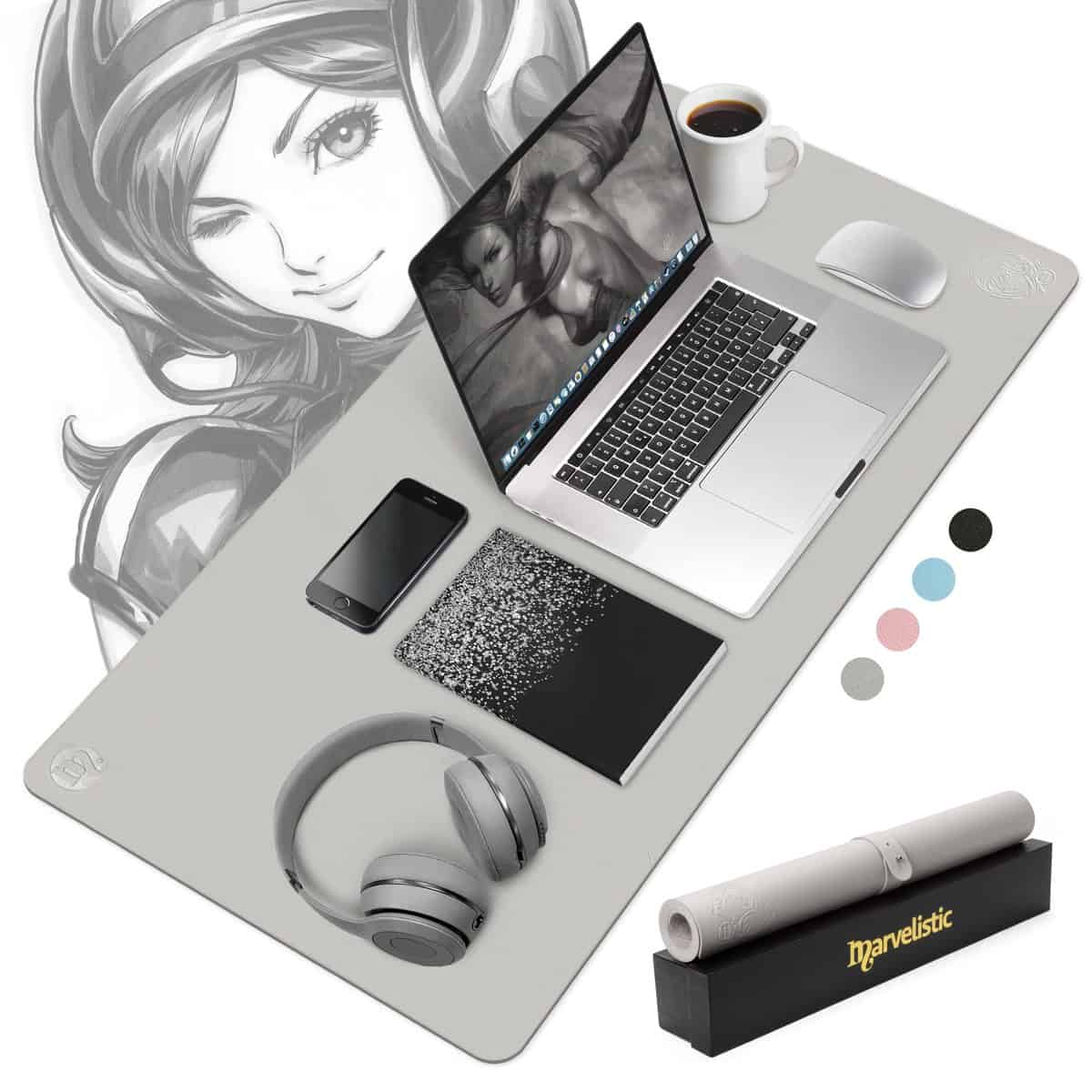 Marvelistic Large Leather Desk Pad - Desks Mat/Blotter/Accessories for Men & Women. Extended Mouse Pad at Home/Office for Work/Gaming When Using Desktop/Laptop. Illustrated by Artgerm (32"x16" Gray)