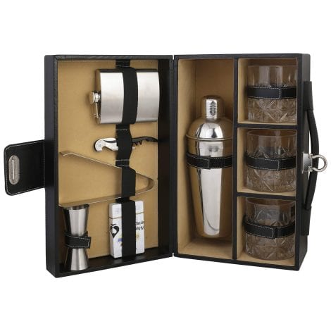 Ultimate Bar Kit in a Portable Leather Case | Perfect for Picnics, Travel, or Car | Whiskey Glasses (Black & Beige)