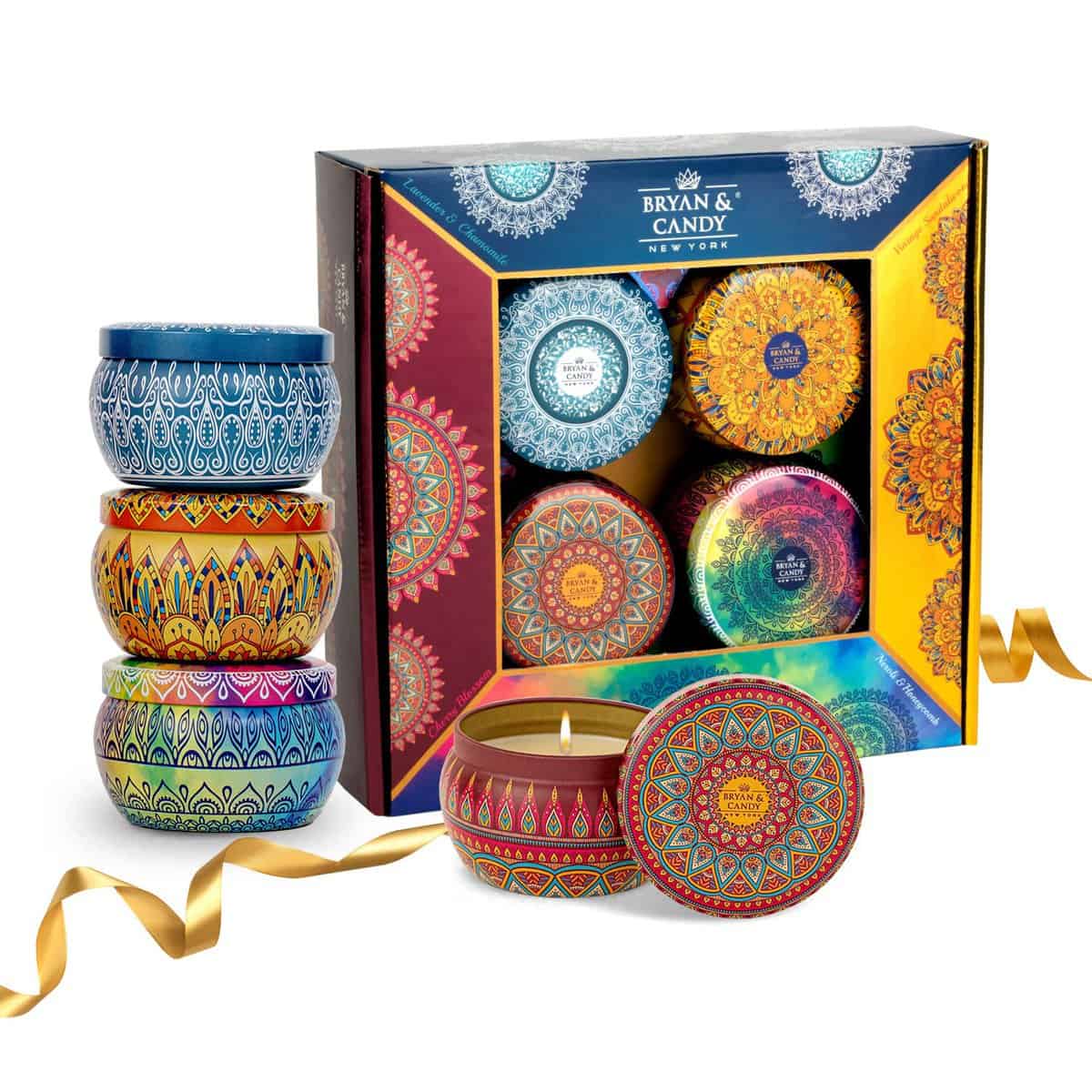 Bryan & Candy Scented Candles Christmas Gift Set for Women & Men,Cherry Blossom,Vintage Sandalwood,Neroli & Honeycomb,Lavender & Chamomile Aromatherapy Candles,100 gm Each Soy Wax Printed Tin