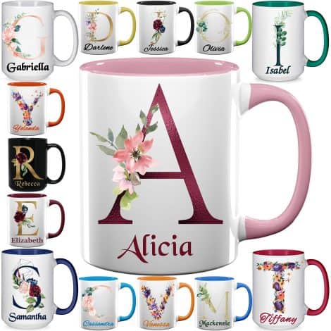 Personalized Coffee Mugs – Premium Ceramic Cups with Custom Initial Name Monogram – Multiple Sizes Available