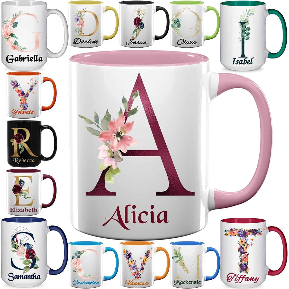 Custom Coffee Mugs - Personalized Ceramic Cups with Initial Name Monogram - 11 & 15 oz