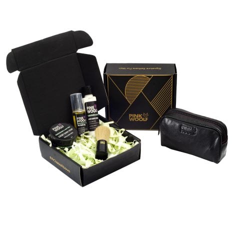 Luxury shaving set for men with SEABUCKTHORN & ALOE VERA, including pre-shave oil, aftershave lotion, brush, soap, and bag.